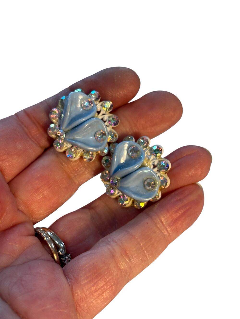 Vintage Blue Enamel Heart Clip Earrings AB Rhinestones Altered Mid Century Cute